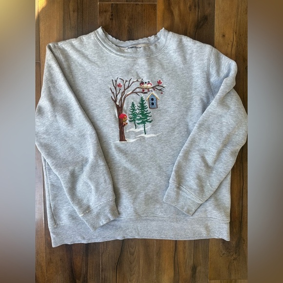 None Tops - Vintage Embroidered Winter Scene Crewneck Sweatshirt Cottagecore